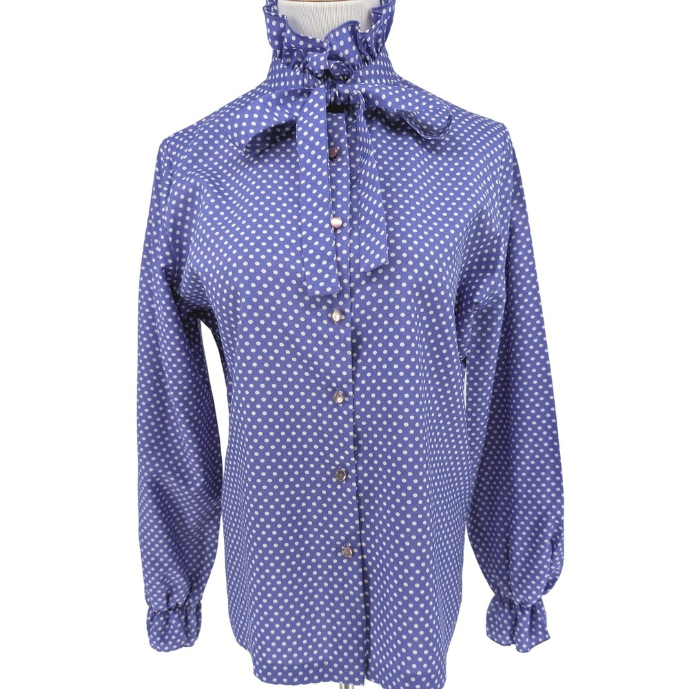Rhoda Lee Polka Dot Blouse Womens 12 Blue Vintage Ruffle Neck Tie Coquette 70s